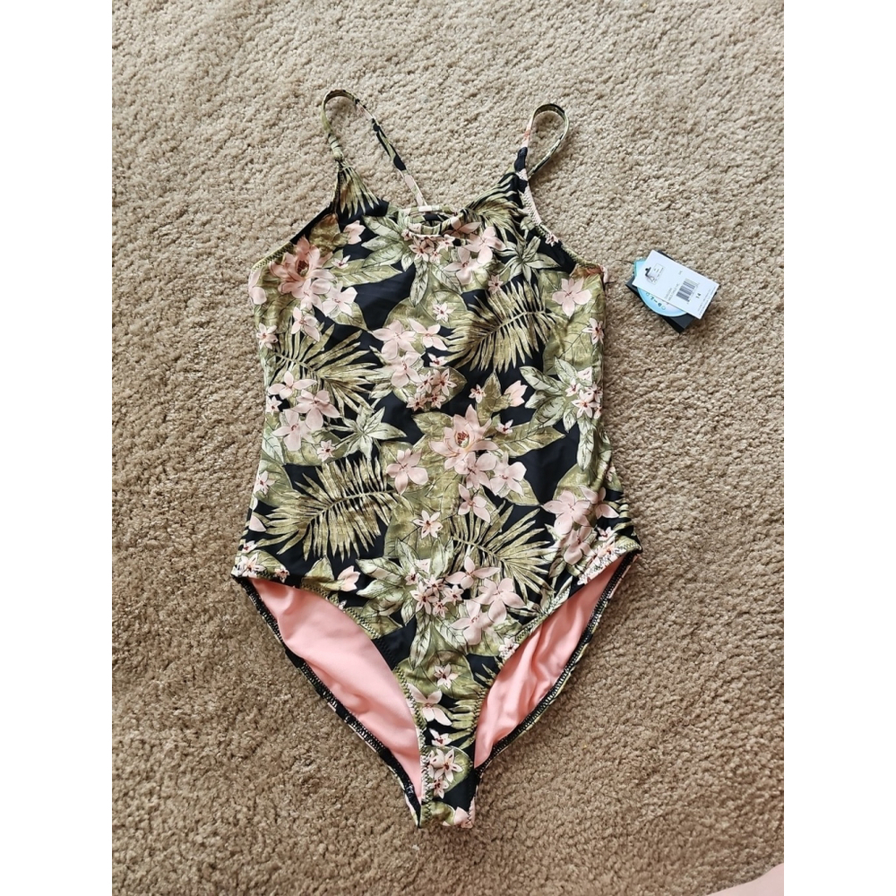 Volcom Kids Green Floral One Piece Swimsuit Size 14